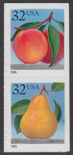 USA Michel 2603-2604 / Scott 2493-2494 postfrisch vert.PAAR (a2) - Früchte: Pfirsiche/Birne