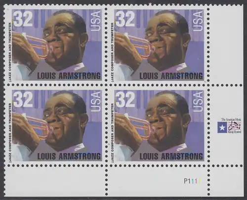 USA Michel 2615 / Scott 2982 postfrisch PLATEBLOCK ECKRAND unten rechts m/ Platten-# P2222 (b) - Amerikanische Musikgeschichte: Louis Armstrong (1901-1971), Jazztrompeter und Sänger