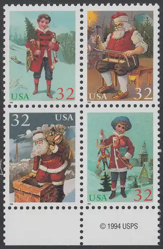 USA Michel 2644-2647 / Scott 3004-3007 postfrisch BLOCK RÄNDER unten m/ copyright symbol - Weihnachten