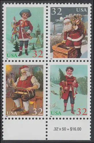 USA Michel 2644-2647 / Scott 3004-3007 postfrisch BLOCK RÄNDER unten (a2) - Weihnachten