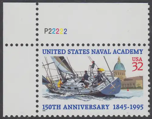 USA Michel 2672 / Scott 3001 postfrisch EINZELMARKE ECKRAND oben links m/ Platten-# P22222 - 150 Jahre Marineakademie, Annapolis, MD: Segeljacht vor Marineakademie