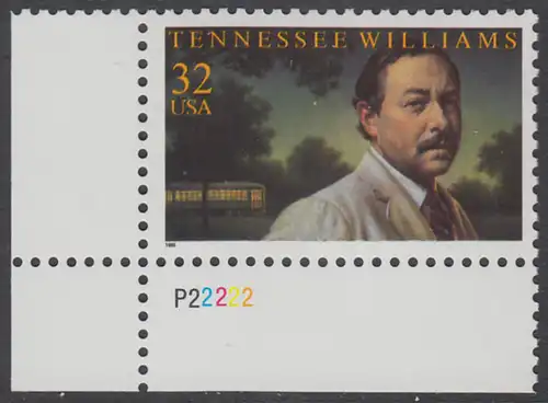 USA Michel 2673 / Scott 3002 postfrisch EINZELMARKE ECKRAND unten links m/ Platten-# P22222 - Tennessee Williams (1911-1983), Schriftsteller