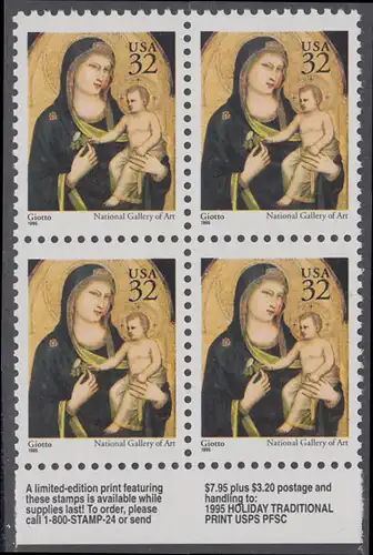 USA Michel 2674A / Scott 3003 postfrisch BLOCK RÄNDER unten (a2) - Weihnachten: Maria mit Kind