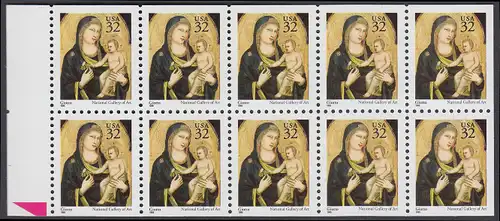 USA Michel 2674D / Scott 3003Ab postfrisch Markenheftchenblatt(5) RAND links m/ Platten-# - Weihnachten: Maria mit Kind