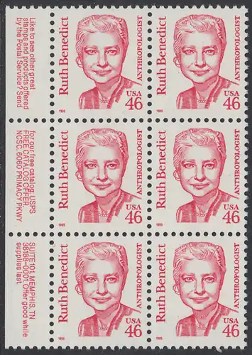 USA Michel 2677 / Scott 2938 postfrisch vert.BLOCK(6) RÄNDER links m/ Inschrift - Amerikanische Persönlichkeiten: Ruth Benedict (1887-1948), Anthropologin