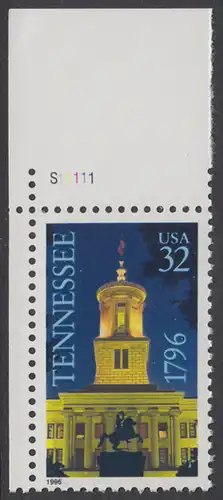 USA Michel 2728 / Scott 3070 postfrisch EINZELMARKE ECKRAND oben links m/ Platten-# S11111 - 200 Jahre Staat Tennessee; Regierungsgebäude, Nashville, TN