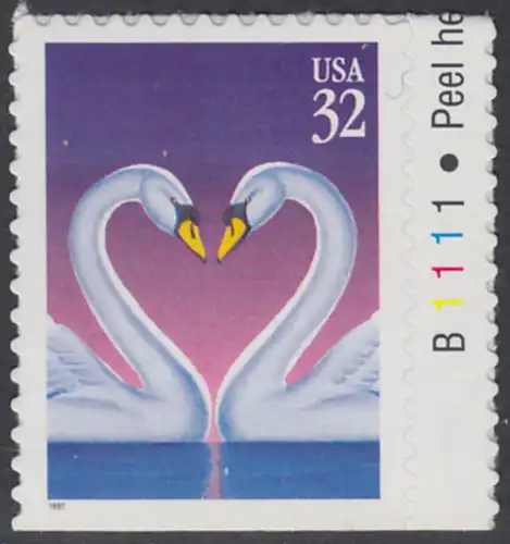 USA Michel 2803 / Scott 3123 postfrisch EINZELMARKE RAND rechts m/ Platten-# B1111 (von Folioblatt) - Grußmarke, Schwanenpaar