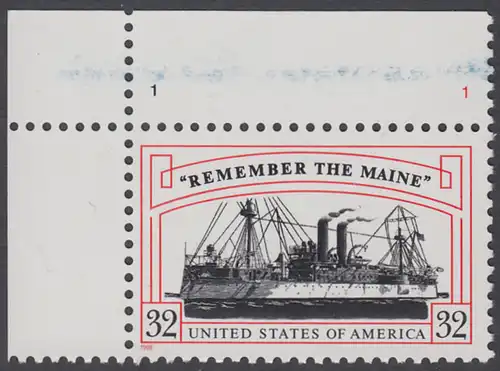 USA Michel 2937 / Scott 3192 postfrisch EINZELMARKE ECKRAND oben links m/ Platten-# 1 - 100. Jahrestag des Beginns des Spanisch-amerikanischen Krieges: Versenkung der USS Maine