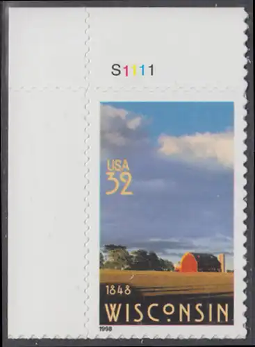 USA Michel 2966 / Scott 3206 postfrisch EINZELMARKE ECKRAND oben links m/ Platten-# S1111 - 150 Jahre Staat Wisconsin; Farmlandschaft