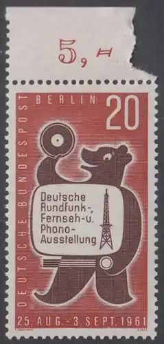 BERLIN 1961 Michel-Nummer 217 postfrisch EINZELMARKE RAND oben (d) - Deutsche Rundfunk-, Fernseh- und Phono-Ausstellung, Berlin