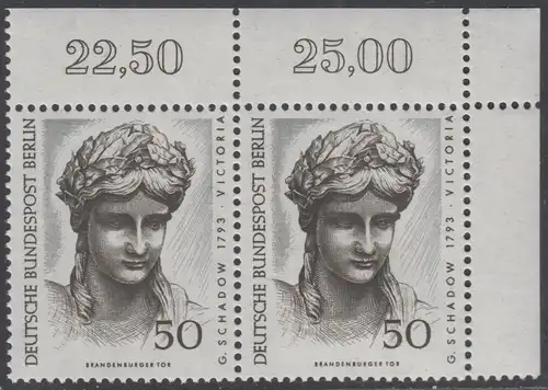 BERLIN 1967 Michel-Nummer 306 postfrisch horiz.PAAR ECKRAND oben rechts - Berliner Kunstschätze: Kopf der Victoria, Detail der Quadriga auf dem Brandenburger Tor