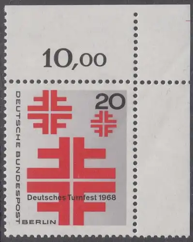 BERLIN 1968 Michel-Nummer 321 postfrisch EINZELMARKE ECKRAND oben rechts - Deutsches Turnfest, Berlin