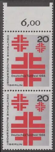 BERLIN 1968 Michel-Nummer 321 postfrisch vert.PAAR RAND oben (e) - Deutsches Turnfest, Berlin