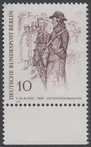 BERLIN 1969 Michel-Nummer 331 postfrisch EINZELMARKE RAND unten - Berliner des 19. Jahrhunderts: Zeitungsverkäufer