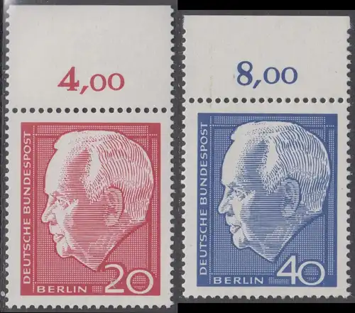 BERLIN 1964 Michel-Nummer 234-235 postfrisch SATZ(2) EINZELMARKEN RÄNDER oben (c) - Wiederwahl des Bundespräsidenten Heinrich Lübke