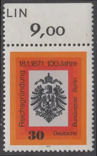 BERLIN 1971 Michel-Nummer 385 postfrisch EINZELMARKE RAND oben (g) - Jahrestag der Reichsgründung