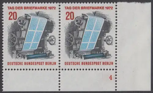 BERLIN 1972 Michel-Nummer 439 postfrisch horiz.PAAR ECKRAND unten rechts m/ Formnummer - Tag der Briefmarke