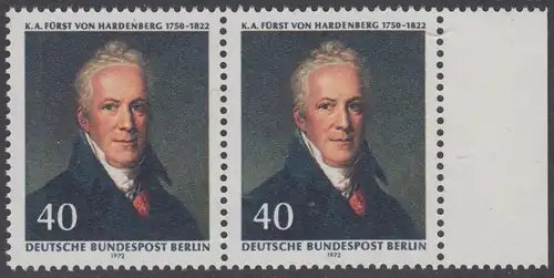 BERLIN 1972 Michel-Nummer 440 postfrisch horiz.PAAR RAND rechts - Karl August Fürst von Hardenberg, preuß. Staatsmann