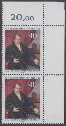 BERLIN 1973 Michel-Nummer 452 postfrisch vert.PAAR ECKRAND oben rechts - Ludwig Tieck, Dichter