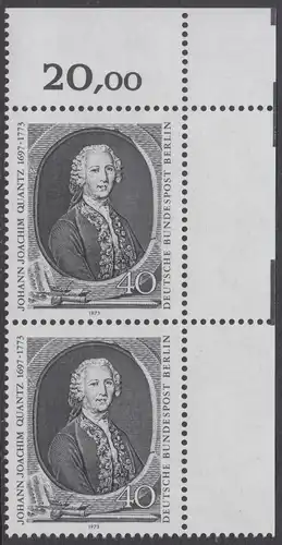 BERLIN 1973 Michel-Nummer 454 postfrisch vert.PAAR ECKRAND oben rechts - Johann Joachim Quantz, Flötist und Komponist