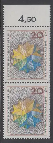 BERLIN 1973 Michel-Nummer 463 postfrisch vert.PAAR RAND oben (b) - Weihnachten