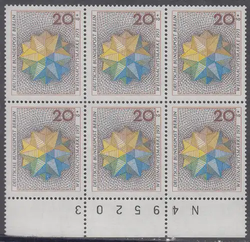 BERLIN 1973 Michel-Nummer 463 postfrisch horiz.BLOCK(6) RÄNDER unten m/ Bogenzähler - Weihnachten