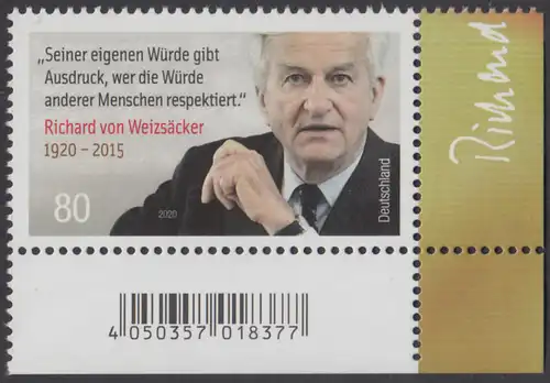 BUND 2020 Michel-Nummer 3539 postfrisch EINZELMARKE ECKRAND unten rechts