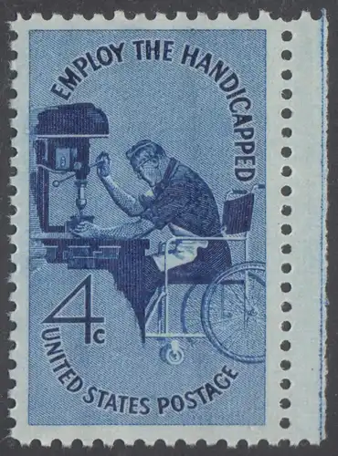 USA Michel 0785 / Scott 1155 postfrisch EINZELMARKE RAND rechts - Beschäftigung für Körperbehinderte, Weltkongress der internationalen Vereinigung „Hilfe für Körperbehinderte“ in New York: Körperbehinderter im Rollstuhl an der Bohrmaschine