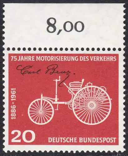 BUND 1961 Michel-Nummer 0364 postfrisch EINZELMARKE RAND oben