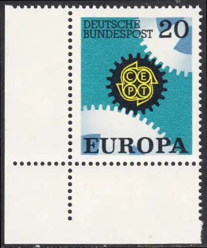 BUND 1967 Michel-Nummer 0533 postfrisch EINZELMARKE ECKRAND unten links