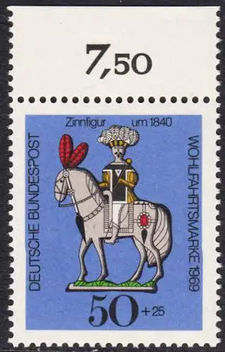 BUND 1969 Michel-Nummer 0607 postfrisch EINZELMARKE RAND oben (a1)