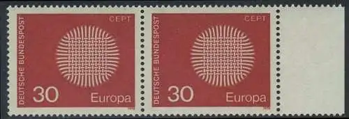 BUND 1970 Michel-Nummer 0621 postfrisch horiz.PAAR RAND rechts