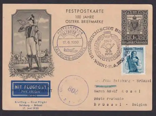 Flugpost Brief Air Mail Österreich Ganzsache + ZuF 1. Postflug Wien Brüssel