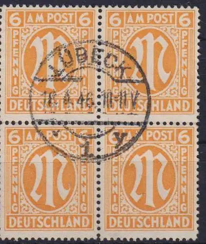 Bizone 13 Viererblock 6 Pfennig sauberer Vollstempel Lübeck 18.4.1946