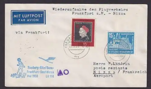 Flugpost Brief Air Mail Saarland Lufthansa LH 156 Saarbrücken Nizza Frankreich