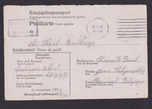 Kriegsgefangenenpost ab Deutschland Gefangenennr. 15999 STALAG Hainaut Belgien