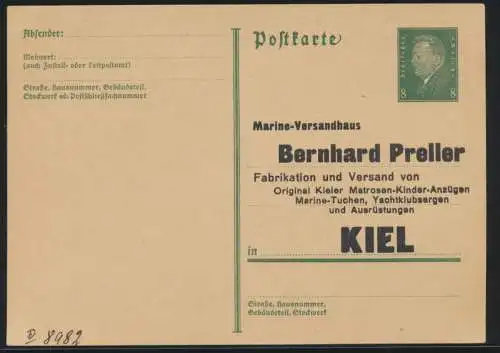 Deutsches Reich Privatganzsache Zudruck PP 113 Marine Versandhaus Preller Kiel