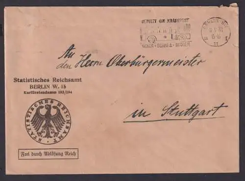 Deutsches Reich Diensbrief Berilin Reichsamt Masch.St. Kraftpost nach Stuttgart