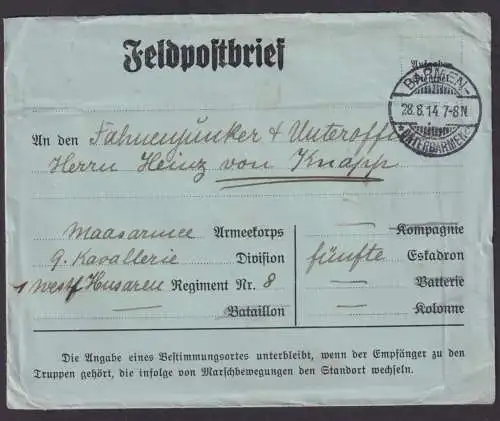 Deutsches Reich Feldpost Vordruckbrief Barmen an Fahnenjunker + Unteroffizier