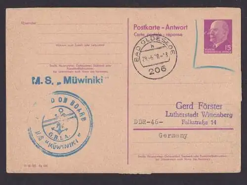 DDR Ganzsache Ulbricht Antwort P 74 Schiffspost M.S Müwinki MS Portstar Oldesloe