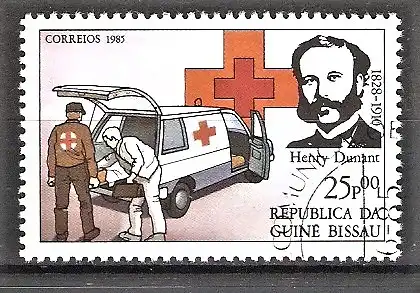 Briefmarke Guinea-Bissau Mi.Nr. 853 o Internationales Rotes Kreuz 1985 / Henry Dunant, Krankenwagen, Arzt, Helfer