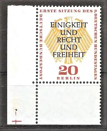 Briefmarke Berlin Mi.Nr. 175 ** BOGENECKE u.l. / Erste konstituierende Sitzung des 3. Deutschen Bundestages in Berlin 1957 / Bundesadler, Inschrift Einigkeit und Recht und Freiheit