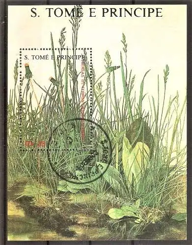 Briefmarke São Tomé und Príncipe Mi.Nr. 1041 o / Block 176 o Heilpflanzen 1988 / Gemälde von Albrecht Dürer