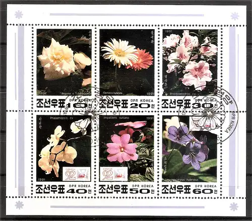 Briefmarke Korea-Nord Mi.Nr. 3241-3246 o KLEINBOGEN Internationale Jugend-Briefmarkenausstellung CANADA ’92 Montreal / Blumen