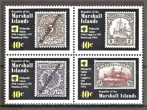 Briefmarke Marshallinseln Mi.Nr. 15-18 ** Viererblock - Weltpostkongress Hamburg 1984 / Marken der deutschen Kolonien
