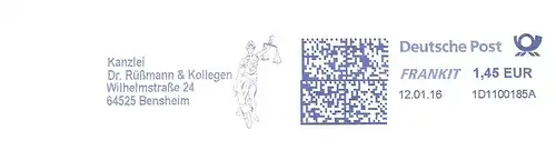 Freistempel 1D1100185A Bensheim - Kanzlei Dr. Rüßmann & Kollegen (Abb. Justitia - Göttin der Gerechtigkeit ) (#2544)