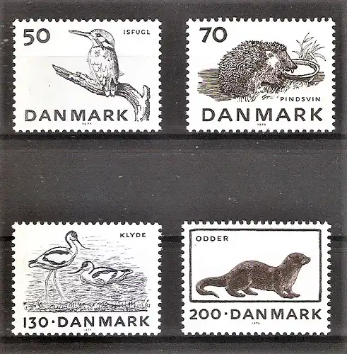 Briefmarke Dänemark Mi.Nr. 602-605 ** Bedrohte Tiere 1975 / Eisvogel, Igel, Säbelschnäbler, Fischotter / Kompletter Satz !