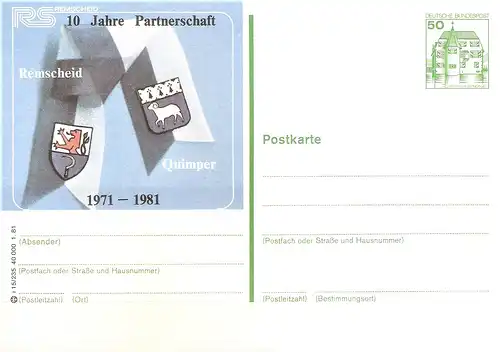 Bildpostkarte 5630 Remscheid von 1981 / 10 Jahre Partnerschaft - Wappen Remscheid - Quimper (bpk20)