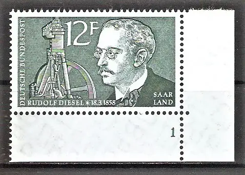 Briefmarke Saar Mi.Nr. 432 ** BOGENECKE u.r. mit FORMNUMMER 1 / Rudolf Diesel 1958