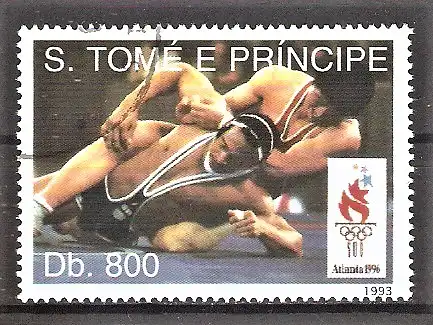 Briefmarke São Tomé und Príncipe Mi.Nr. 1458 o Olympische Sommerspiele Atlanta 1996 / Ringen